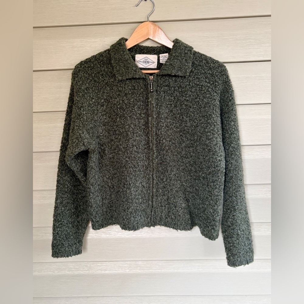B. MOSS boucle zip up sweater green wool acrylic blend cardigan 90s vintage sz L